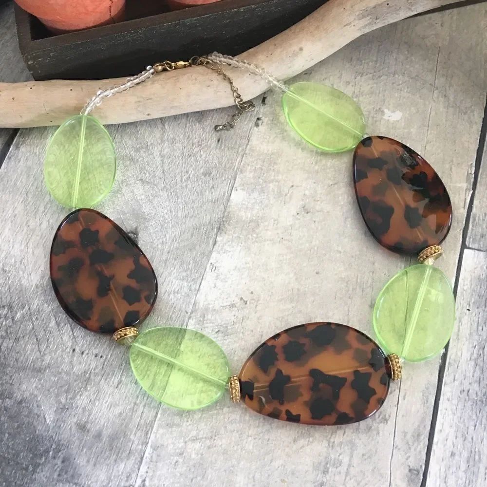 Lucite Vintage animal print and green necklace